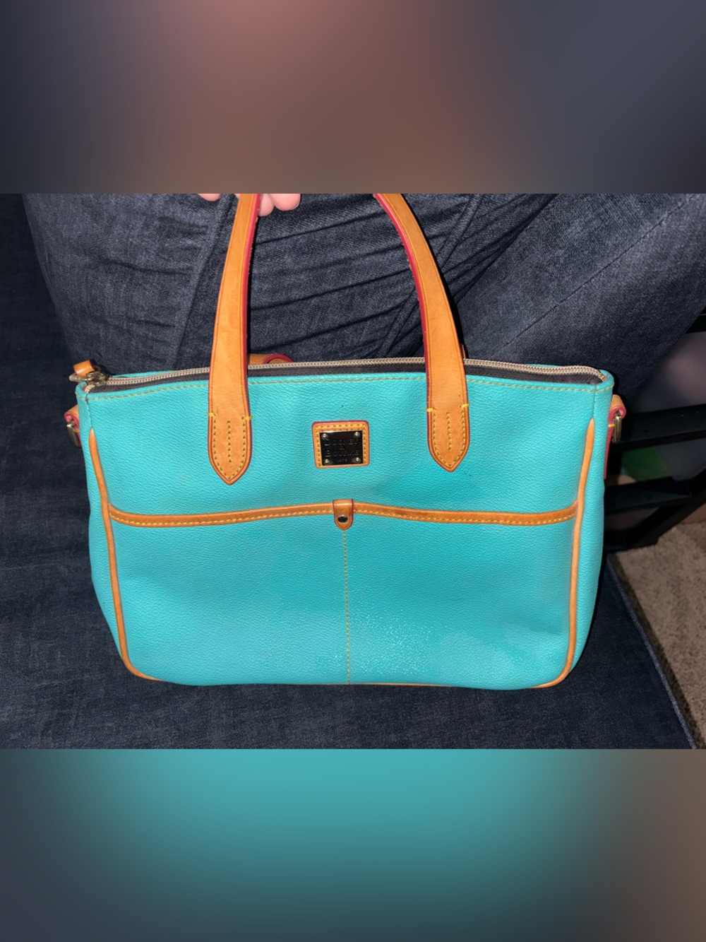 Dooney & Bourke Turquoise Leather Tote with Tan Trim